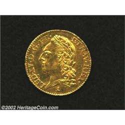 Louis XV Gold Louis D'or 1772A, KM556.1, rare type with old head of King, Sharp AU, lightly cleaned.