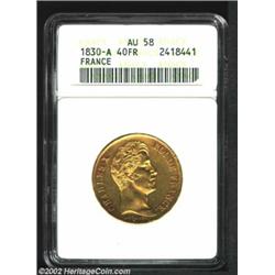 Charles X Gold 40 Francs 1830A, KM721.1, AU58 ANACS. Important notice: We expect to be auctioning lo