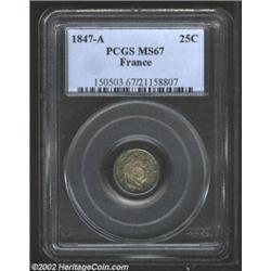 Louis Philippe I 25 Centimes 1847A, KM755.1, MS67 PCGS. A superb little coin with fantastic toning..