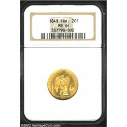 Republic Gold 20 Francs 1848, KM757, MS64 NGC, the obverse of this two year design is particularly c