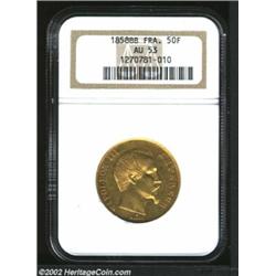 Napoleon III gold 50 francs 1858-BB, AU53 NGC Head right/Crowned and mantled arms with the date and.