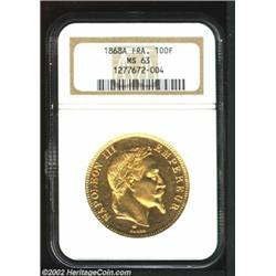 Napoleon III Gold 100 Francs 1868A, KM802.1, MS63 NGC. A bookend to the previous coin. Important not