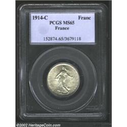 One Franc 1914-C, Woman sowing seeds/Date and value, KM-844.2, MS65 PCGS. Lustrous, with a hint of g