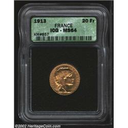 Republic Gold 20 Francs 1913A, KM857, MS64 ICG. Important notice: We expect to be auctioning lots at