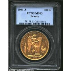 Republic Gold 100 Francs 1904A, KM832, MS63 PCGS. Important notice: We expect to be auctioning lots.