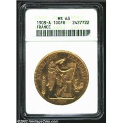 Republic Gold 100 Francs 1908A, KM858, MS63 ANACS. Important notice: We expect to be auctioning lots