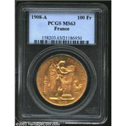 Republic Gold 100 Francs 1908A, KM858, MS63 PCGS. Important notice: We expect to be auctioning lots.