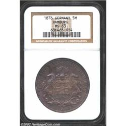 Hamburg. 5 Mark 1876J, KM287, MS63 NGC, toned and very attractive, a rarely seen type in top conditi