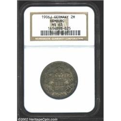 Hamburg. 2 Mark 1906J, KM294, MS63 NGC. Toned and attractive. Important notice: We expect to be auct