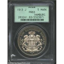 Hamburg. 5 Marks 1913J, KM293, PR63 PCGS. A beautiful example of this rare proof striking. Important