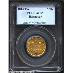 Hannover. George III Gold 5 Thaler 1813TW, KM101, AU55 PCGS, first year of this three year type. Lus