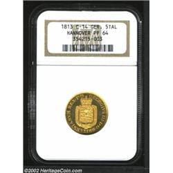 Hannover. George III Gold 5 Thaler 1813TW, C14, KM101, PR64 NGC. An elusive proof striking with pinp