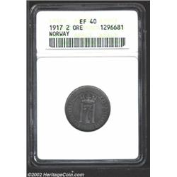 Haakon VII Iron 2 Ore 1917, KM371a, XF40 ANACS. A scarce date, and attractive without rust marks. Im