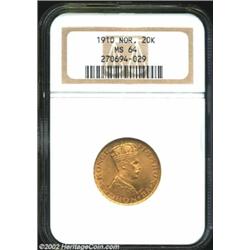 Haakon VII Gold 20 Kroner 1910, KM376, MS64 NGC. Scarce one-year type. Important notice: We expect t