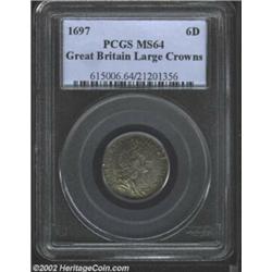 William III Sixpence 1697 Large crowns, KM496.1, MS64 PCGS. A lovely coin with an excellent strike a