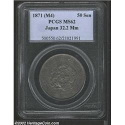 50 Sen Meiji 4 (1871) , Y4, 32.2 Mm, MS62 PCGS, deep gunmetal and antique-golden toning with a light