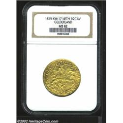 Gelderland gold 1/2 cavalier 1620, Knight on horseback/Crowned arms, F-241, KM-17, MS62 NGC. Fully l