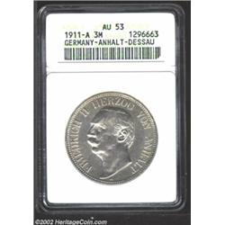 Anhalt-Dessau. Friedrich II 3 Mark 1911A, KM29, AU53 ANACS, but shows considerable wear for this gra