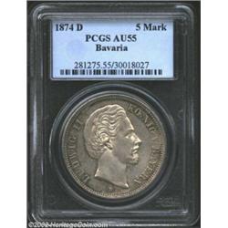 Bavaria. Ludwig II 5 Marks 1874D, KM502, AU55 PCGS. Lightly toned and a very scarce type in EF or be