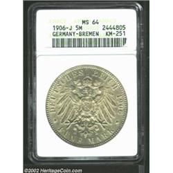 Bremen-Free City. 5 Mark 1906J, KM251, MS64 ANACS. Important notice: We expect to be auctioning lots