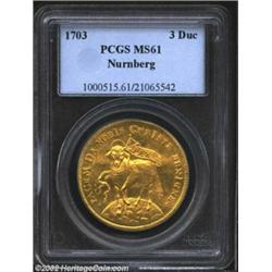 Nurnberg. Gold 3 Ducats ND (1703), KM262, MS61 PCGS, Lamb with PAX banner/Coats of Arms. A very rare