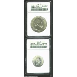 Prussia. Wilhelm 1/6 Thaler 1863A, KM487, MS65 ANACS; and Wilhelm Thaler 1868A, KM494, MS63 ANACS. B