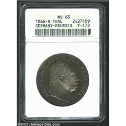 Prussia. Wilhelm Thaler 1866A, KM494, MS63 ANACS. A choice example with superb toning and prooflike.