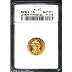 Prussia. Friedrich Gold 10 Mark 1888A, KM514, MS64 ANACS. Scarcer one-year type. Important notice: W