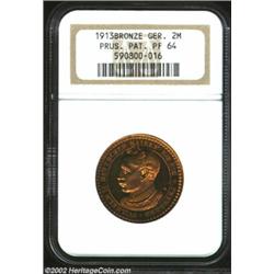 Prussia. Goetz Pattern 2 Marks 1913 in bronze, unlisted in KM in this metal, PF64 NGC. Wilhelm II//E