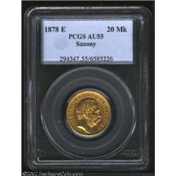 Saxony. Gold 20 marks 1878-E, Head right/Eagle with date and value, F-3841, KM-184, AU55 PCGS. Very.