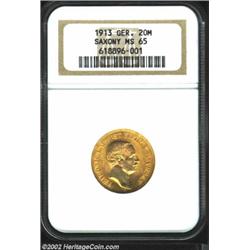 Saxony. Friedrich August Gold 20 Mark 1913, MS65 NGC. Blazing golden-orange cartwheel luster. Import