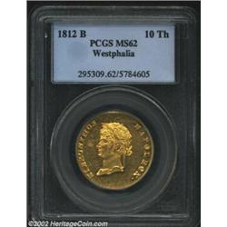 Westphalia. Hieronymus Napoleon Gold 10 Thaler 1812B, KM16a, MS62 PCGS, pale green-gold surfaces dis