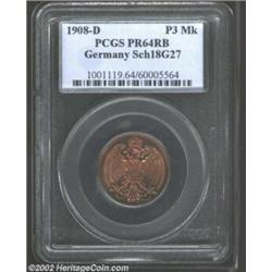 Empire. Goetz Pattern 25 Pfennig 1908D in bronze, this design not listed in KM, PR64RB PCGS. The hol