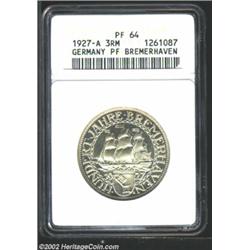 Weimar Republic. Bremerhaven 3 Mark 1927A, KM50, PF64 ANACS. 100th Anniversary of Bremerhaven. A pop