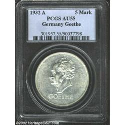 Weimar Republic. Goethe 5 Mark 1932A, KM77, AU55 PCGS. A rare type and always in demand. Important n