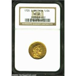 George I Gold 1/2 Guinea 1725, KM560, MS62 NGC, well defined with rose-violet accents on the reverse