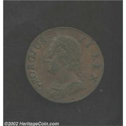 George II Halfpenny 1744, KM579.1, Nice XF with glossy brown surfaces. Important notice: We expect t