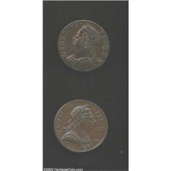 George II Halfpenny 1750, KM579.2, Superb Red and Brown UNC, plus George III Halfpenny 1771 KM601, C