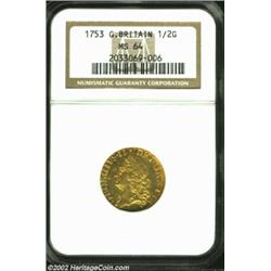 George II Gold 1/2 Guinea 1753, KM587, MS64 NGC, a dazzling example of the old laureate head type. B