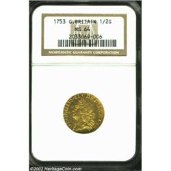 George II Gold 1/2 Guinea 1753, KM587, MS64 NGC, a dazzling example of the old laureate head type. B