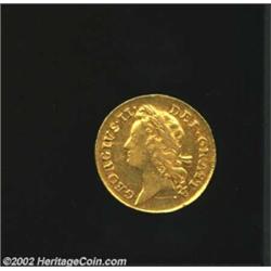 George II Gold Guinea 1735, KM573.3, VF, minor flan flaws. Young laureate bust. Scarce. From the Han