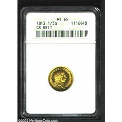 George III Gold 1/3 Guinea 1813, KM650, MS65 ANACS, scarcer final year of denomination. Important no