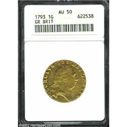 George III Gold Guinea 1793, KM609, AU50 ANACS. Important notice: We expect to be auctioning lots at