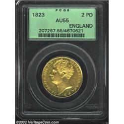 George IV Gold 2 Pounds 1823, Bust left obverse/St. George, KM690, AU55 PCGS, numerous pinpoint mark