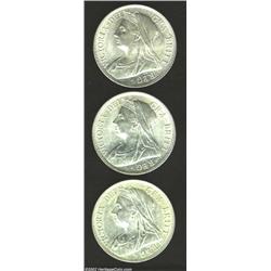 Victoria Halfcrowns 1897, 1898, and 1899, all KM782, Uncirculated. The first two pieces are virtuall