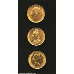 Gold Sovereigns as follows: 1886-S, KM-6, lustrous XF; 1890, KM-767, lustrous XF; and a 1968, KM-908