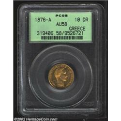 George I Gold 10 Drachmai 1876A, KM48, AU58 PCGS. A choice example that has claims to a higher grade