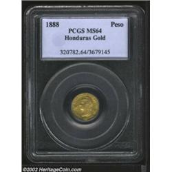 Gold peso 1888, Liberty head left/Arms with date and value, F-7, KM-56, MS64 PCGS. An exceptional ex