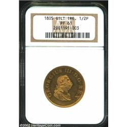 George III Gilt Half Penny 1805, KM147a, PF61 NGC. The reverse exhibits light handling. Important no