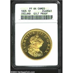 George III Gilt Penny 1805, KM148a, PR64 Cameo ANACS, a thin veil of milky patina covers much of the